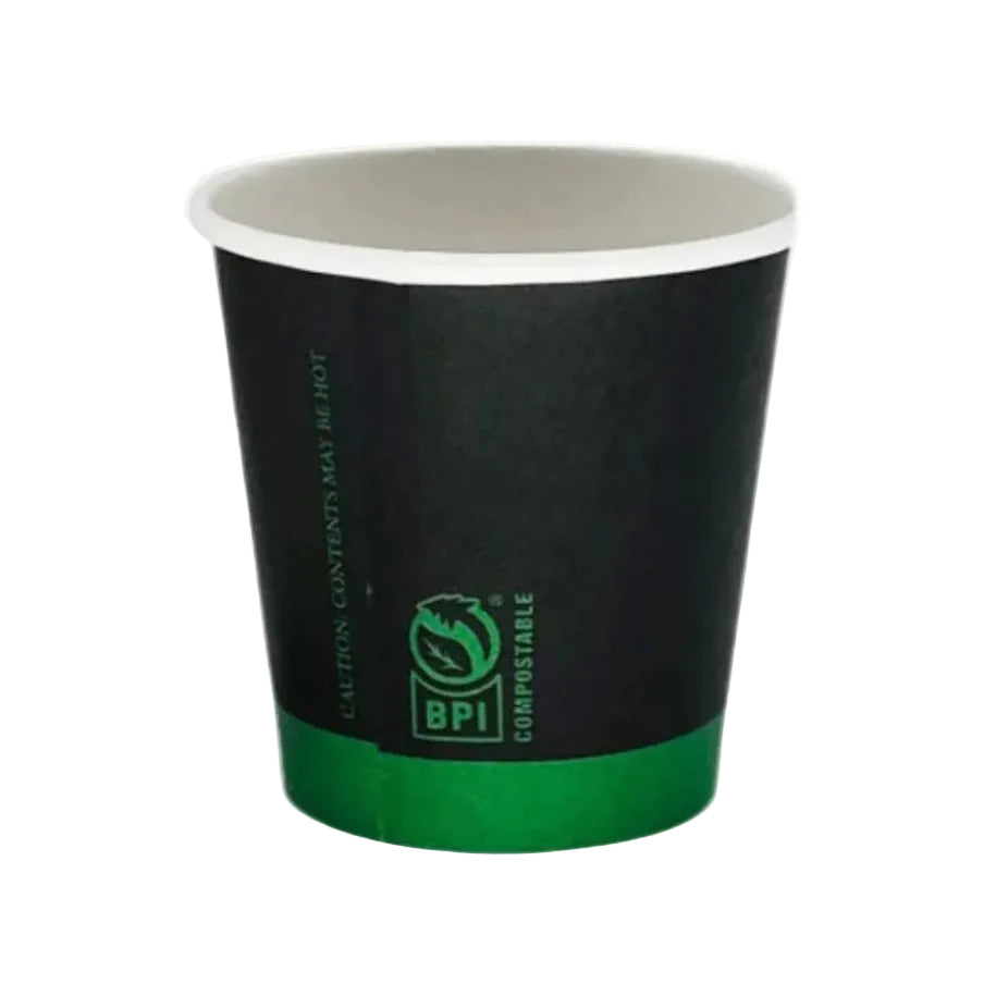 Black paper cup with green base and BPI logo on a white background