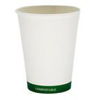White compostable cup with green rim and base on a white background