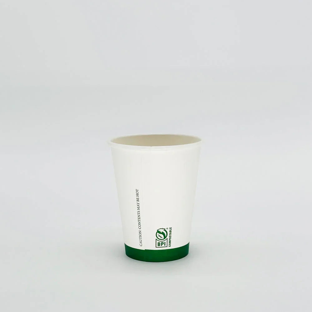 White cup with green rim and BPI logo on a light gray background