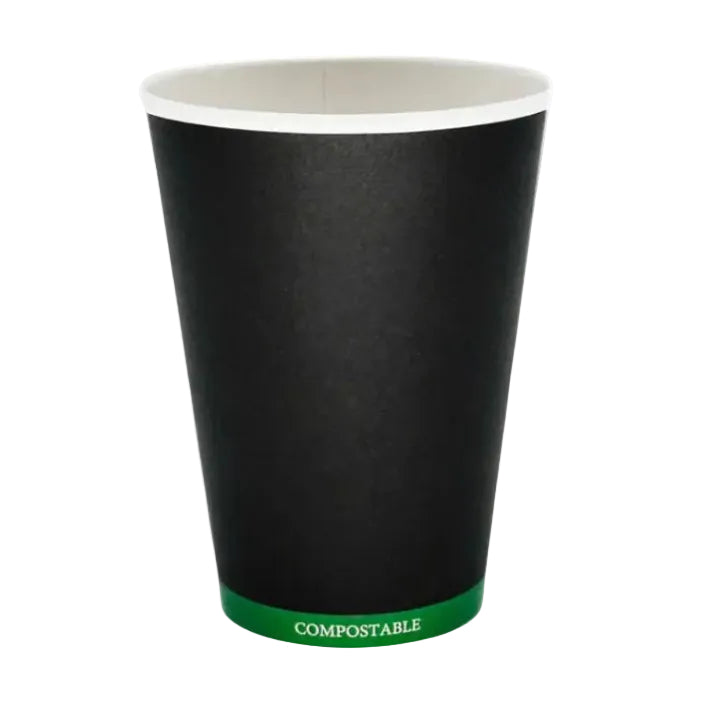 Black compostable paper cup on a white background
