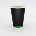 Black compostable paper cup on a white background