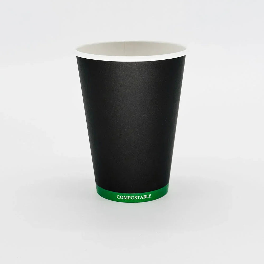 Black compostable paper cup on a white background