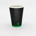 Black paper cup with a green logo on a white background