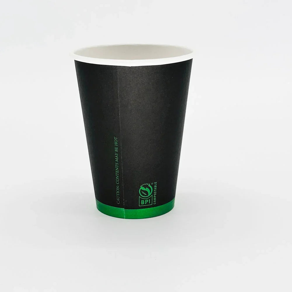 Black paper cup with a green logo on a white background
