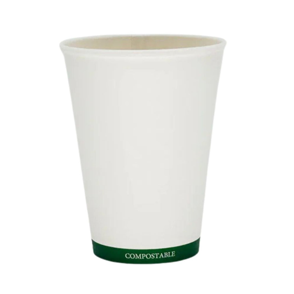 Compostable hot cup with green rim and 'COMPOSTABLE' text on a white background