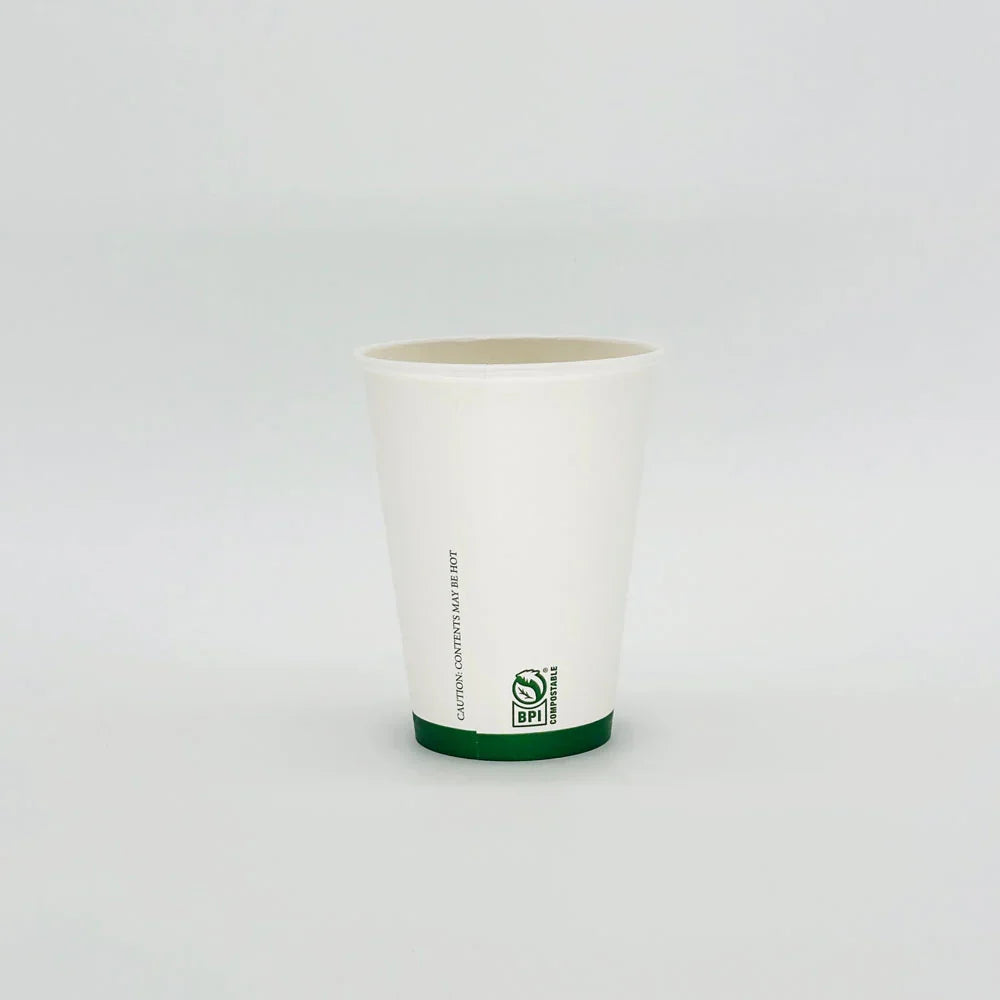 White paper hot cup with a green logo on a light gray background