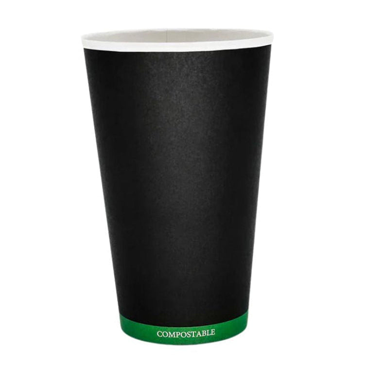 Black compostable paper cup on a white background