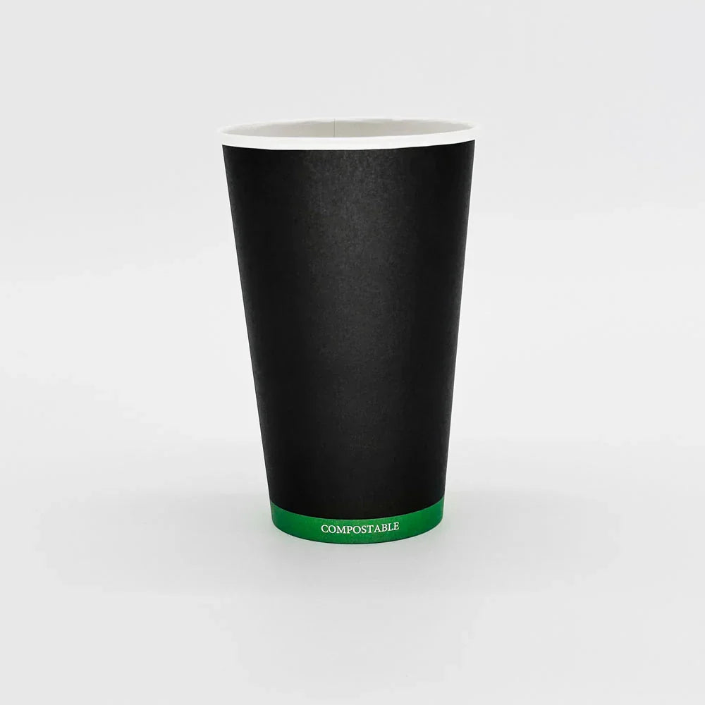 Black compostable hot cup on a white background