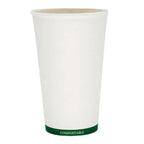 Compostable paper cup with a green stripe on a white background