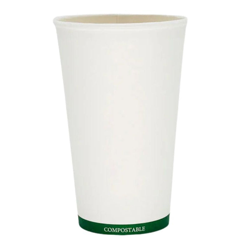 Compostable paper cup with a green stripe on a white background