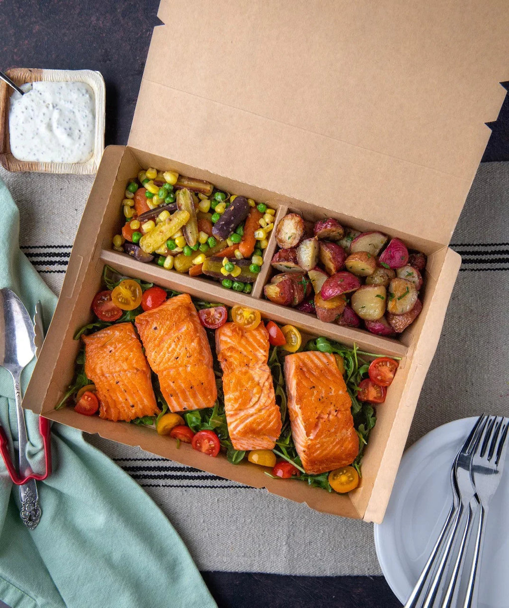 10" x 10" 3 Compartment Bento Box w/ Attached Lid | Paper Board