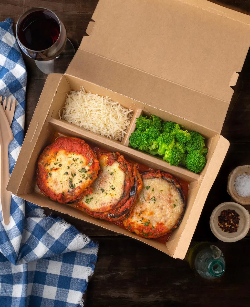 7" x 9" 3-Compartment Bento Box w/ Attached Lid | Paper Board