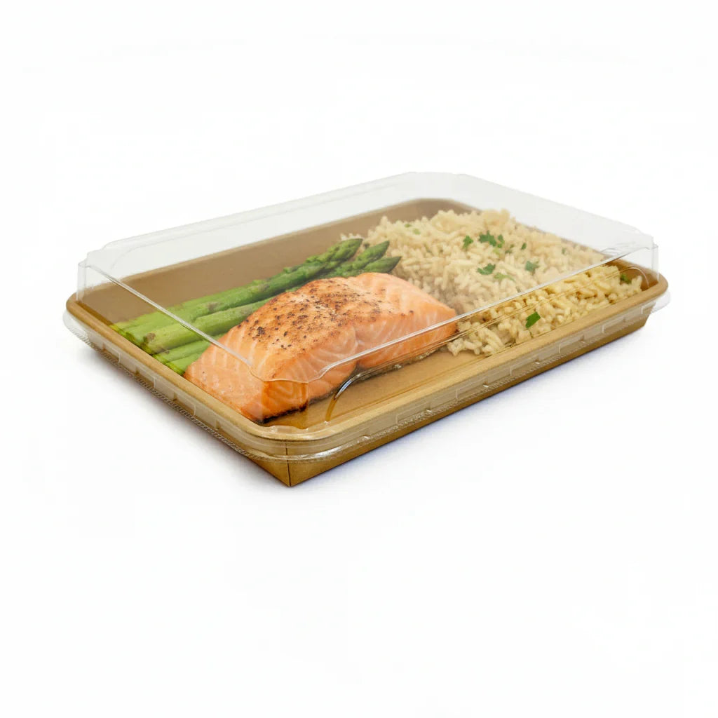 10.7" X 7.17" Covered Tray Set | Compostable Paper Tray with PET Lid