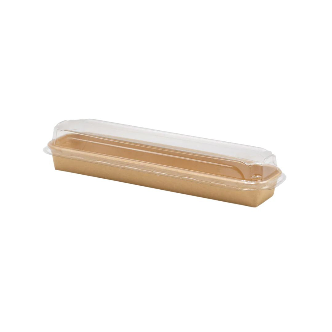 Long rectangular food container with a clear lid on a white background