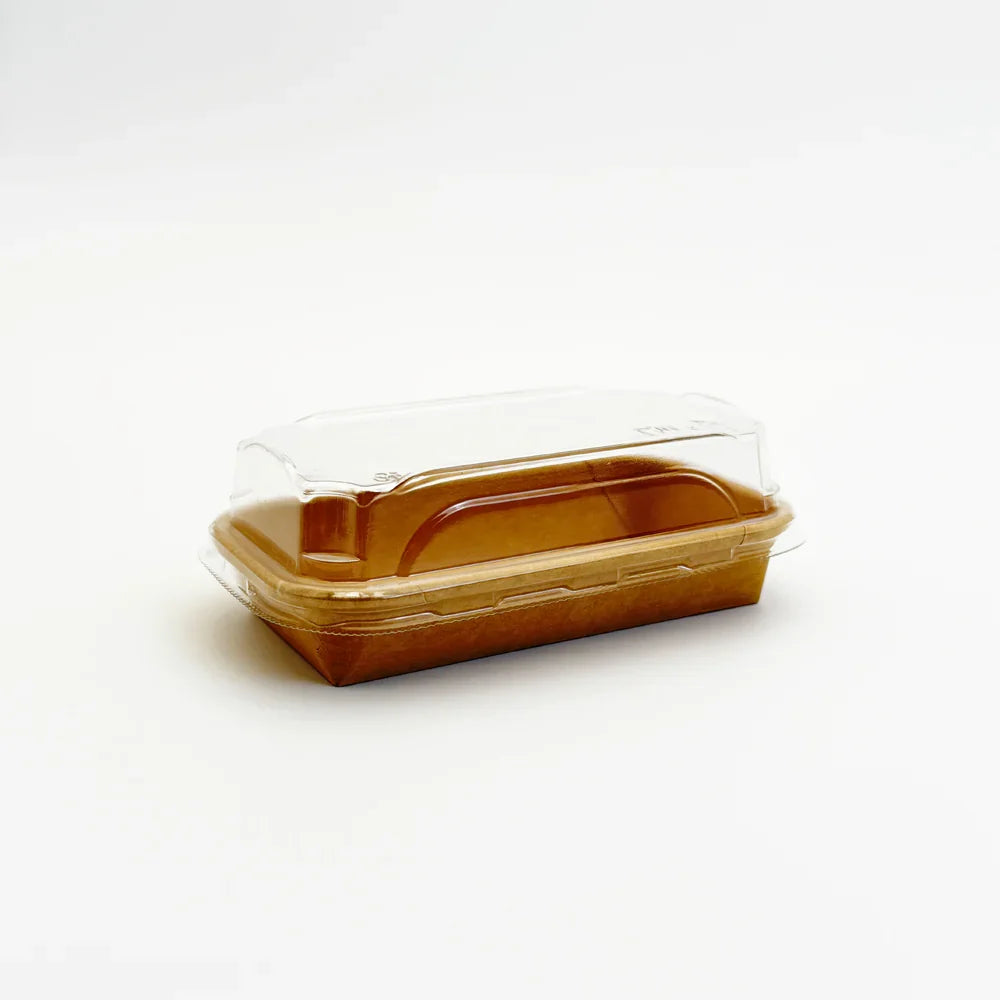 Clear plastic container with a brown base on a white background