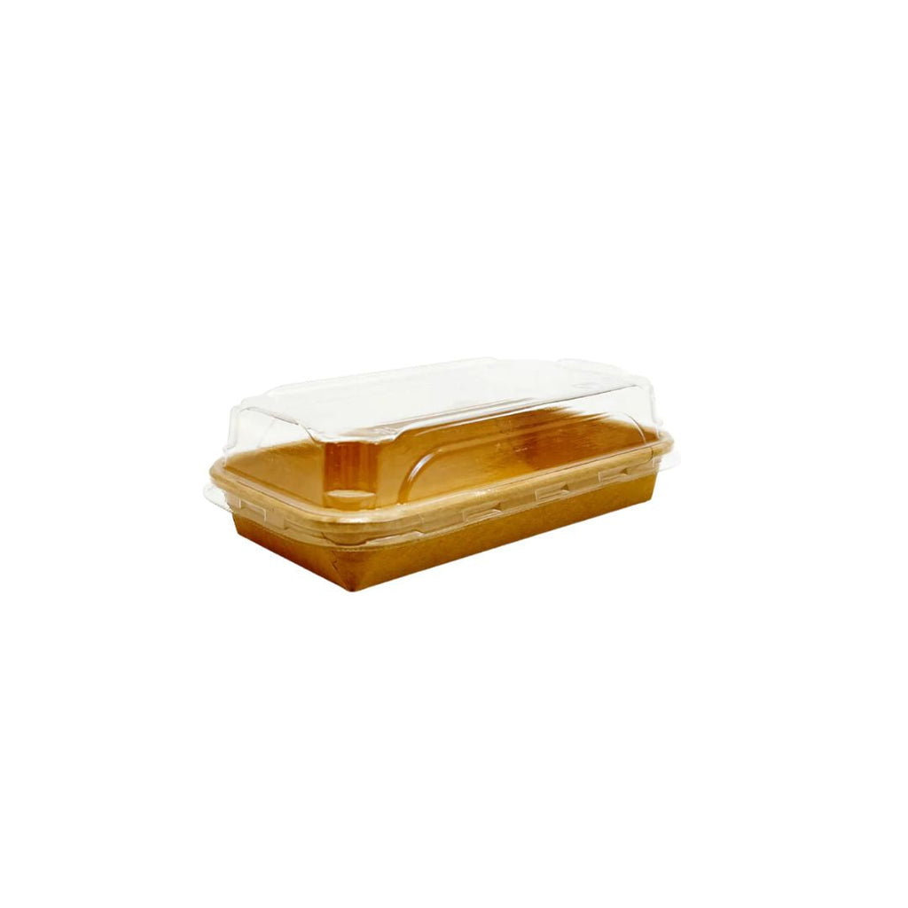 Clear plastic lid on a rectangular brown container with a white background