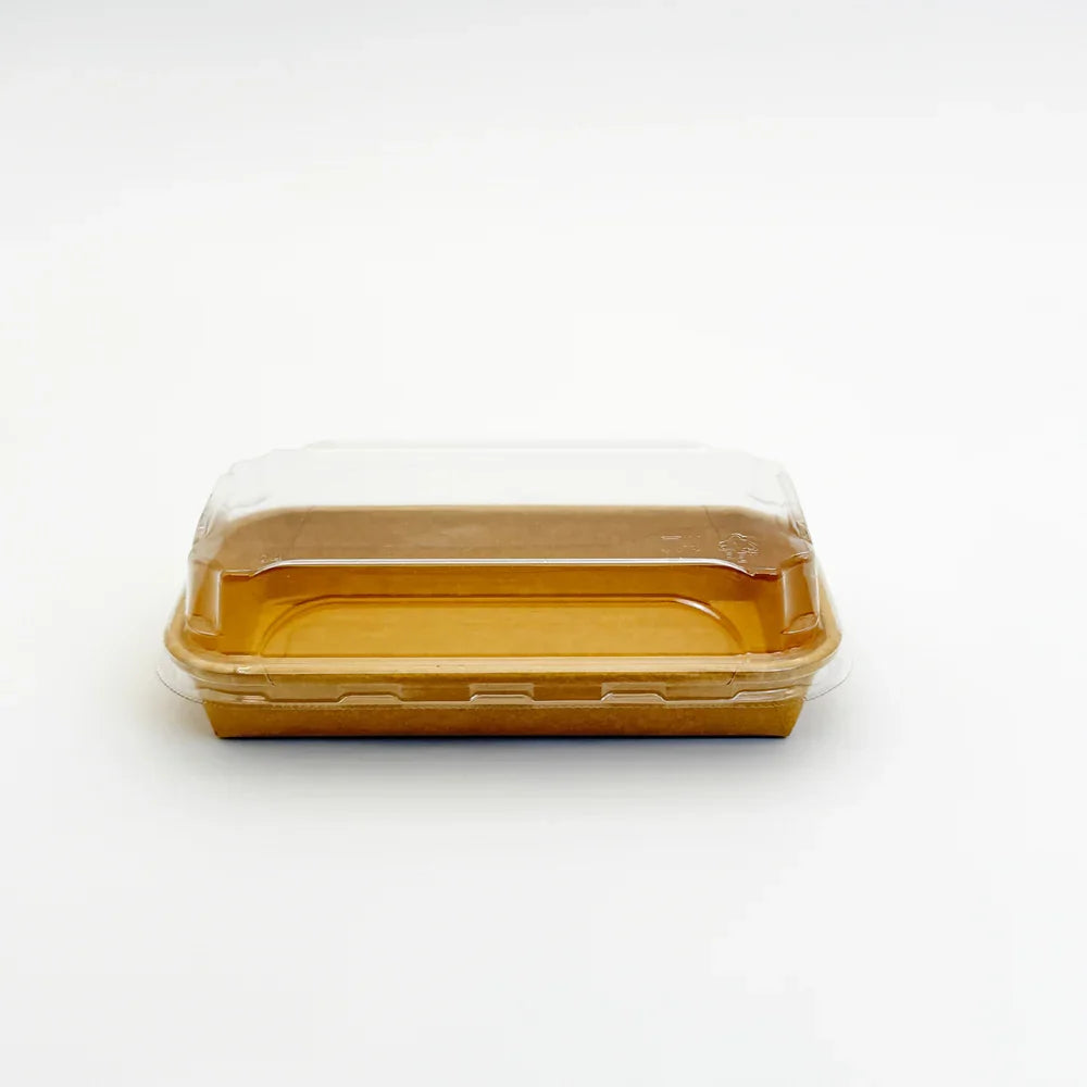 Clear plastic container with a brown lid on a white background