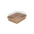 Brown takeout container with clear lid on a white background