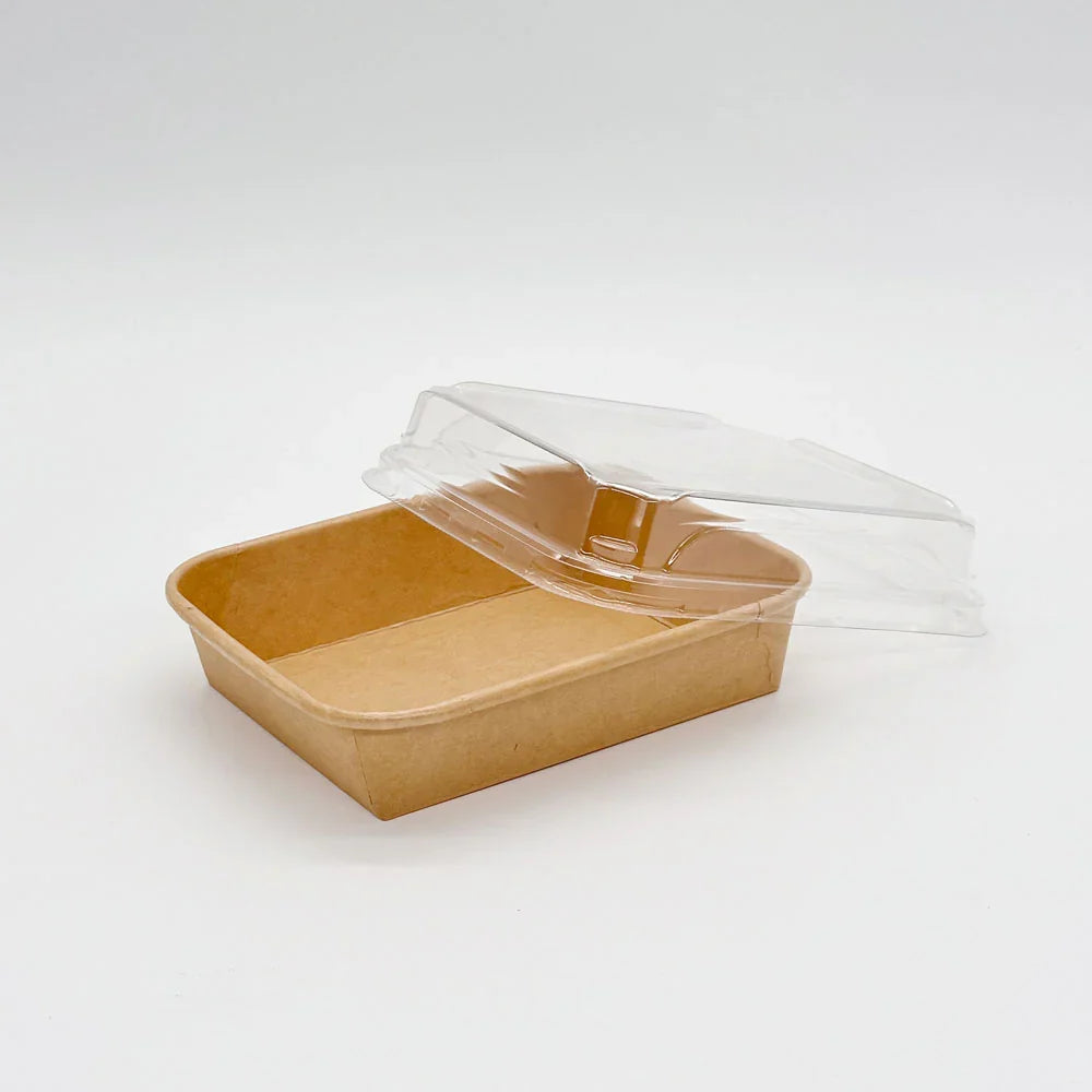 Brown paper food tray with a clear lid on a white background