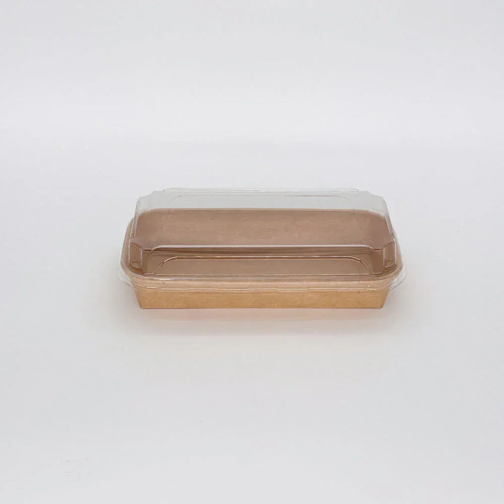 Brown rectangular container with a clear lid on a white background