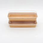 Two brown food containers with clear lids on a white background