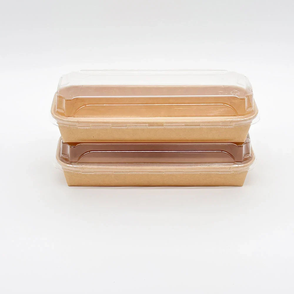 Two brown food containers with clear lids on a white background