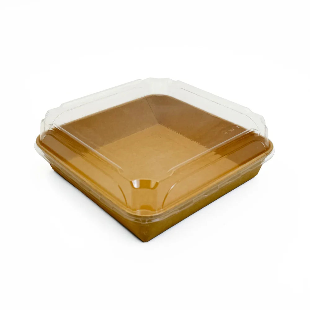 Brown food tray with a clear lid on a white background