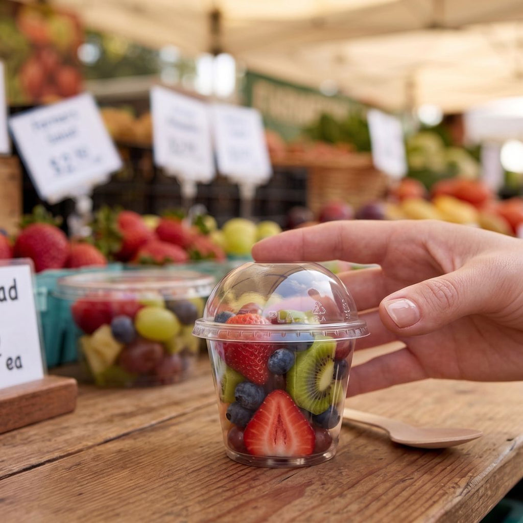 A hand holds a compostable portion cup with lid filled with mixed fruit, including strawberries, blueberries, and kiwi, on a wooden table at an outdoor market.