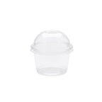 A clear portion cup with dome lid, on a white background.