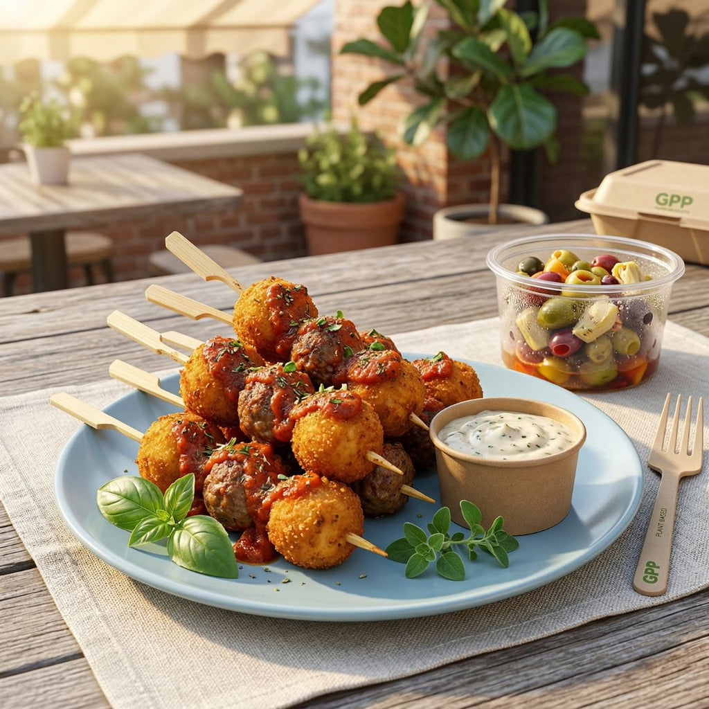Plated wooden skewers of meatballs with a side of dip on a wooden table outdoors.