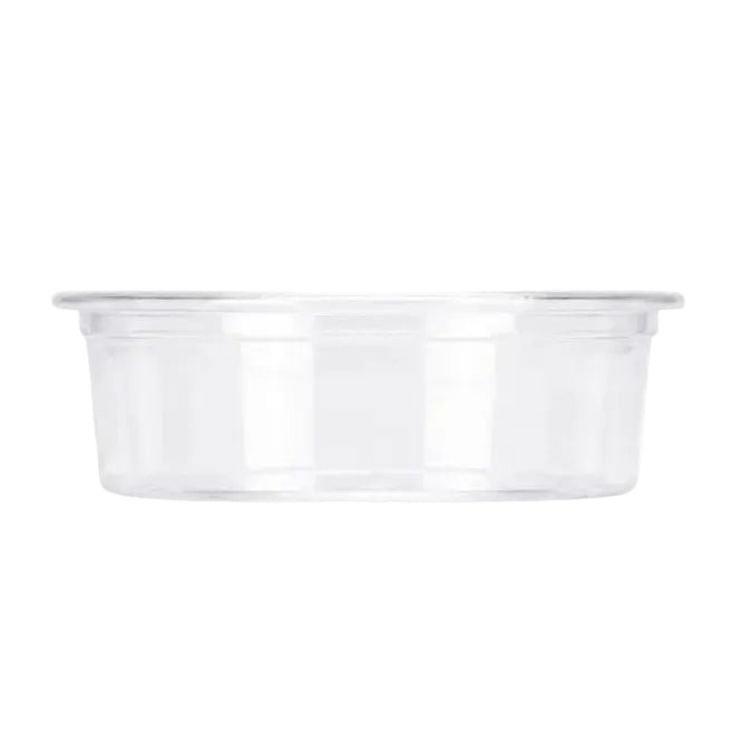 A clear portion cup on a solid white background.