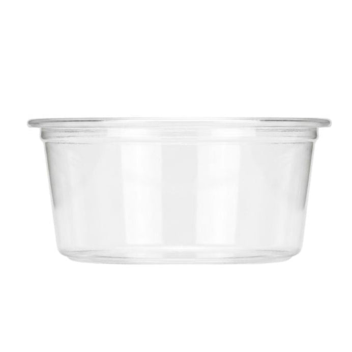 A clear round cup or small condiment container with a flat rim, shown against a plain white background.