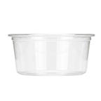 A clear round cup or small condiment container with a flat rim, shown against a plain white background.