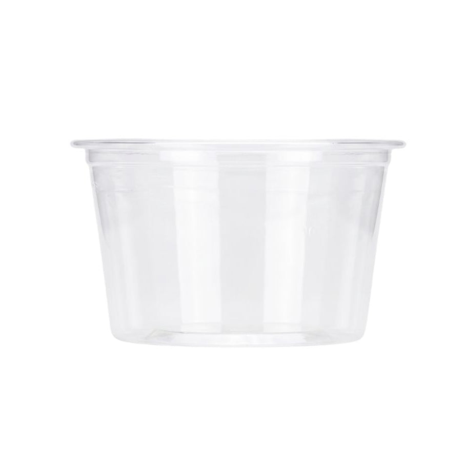 A single clear plastic cup with a wide rim, shown from the front on a plain white background.