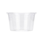 A single clear plastic cup with a wide rim, shown from the front on a plain white background.