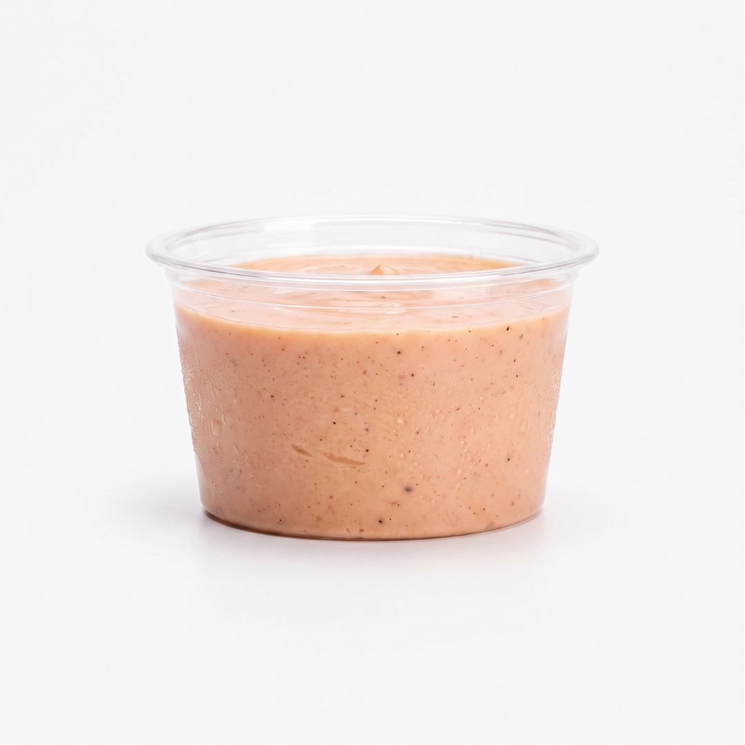 A small clear portion cup filled with fry sauce, photographed against a clean white background.