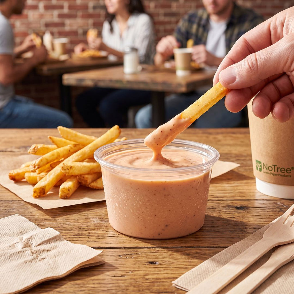 A hand holds a French fry dipped in fry dipping sauce from an unprinted compostable cup on a wooden table, with a side of fries in a restaurant setting.