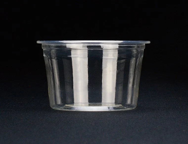 A compostable cup with a flat rim, photographed against a solid black background.