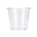A single clear plastic cup with a wide rim, shown on a plain white background.