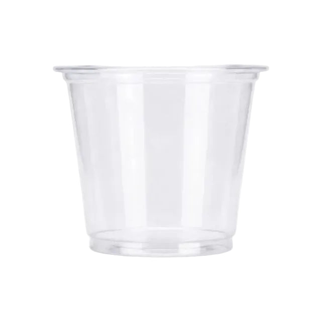 A single clear plastic cup with a wide rim, shown on a plain white background.