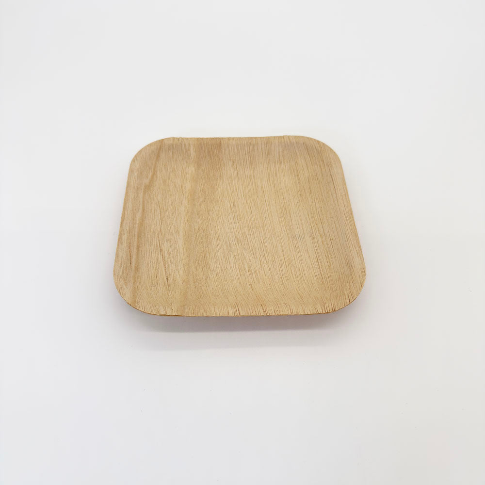 6" wood square plate on a white surface.