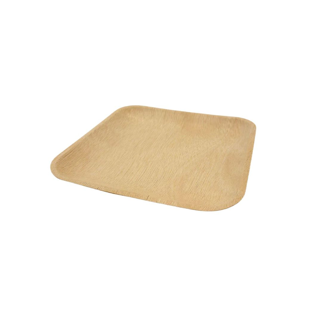 A square disposable plate made of wood, featuring rounded corners and a light tan color, shown on a plain white background.
