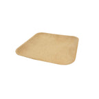 A square disposable plate made of wood, featuring rounded corners and a light tan color, shown on a plain white background.