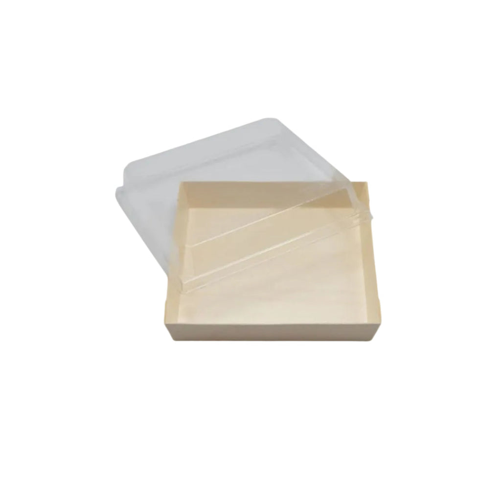 Compostable tray with clear plastic lid on a white background
