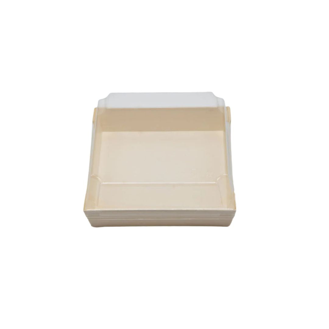 Compostable tray with PET Lid on a white background