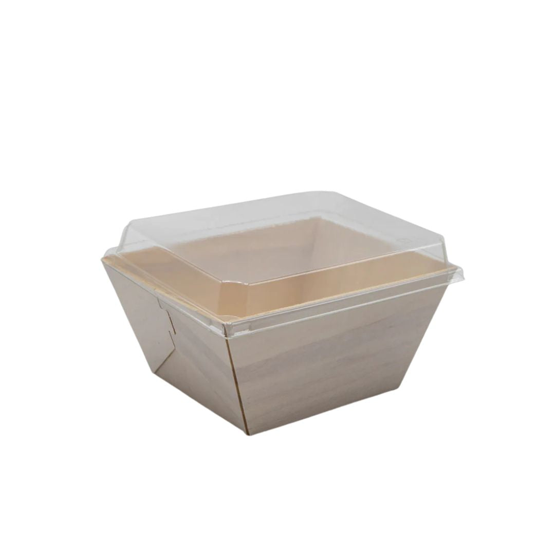 Balsa wood food tray with clear lid on a white background