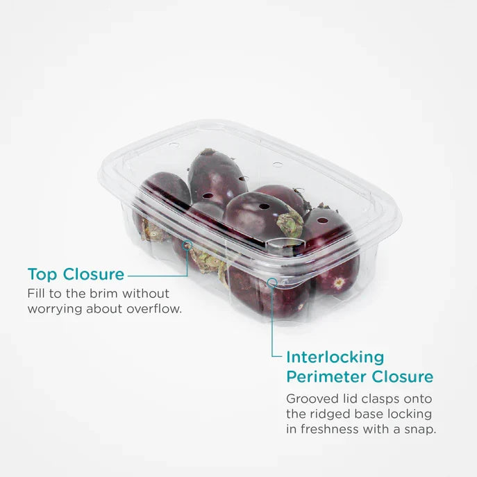 Vented clamshell filled with produce on a white background with product information.