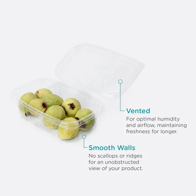 Clear vented clamshell filled with produce on a white background with product information.