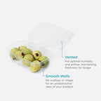 Clear vented clamshell filled with produce on a white background with product information.