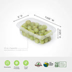 Vented clamshell filled with grapes on a white background with product information.
